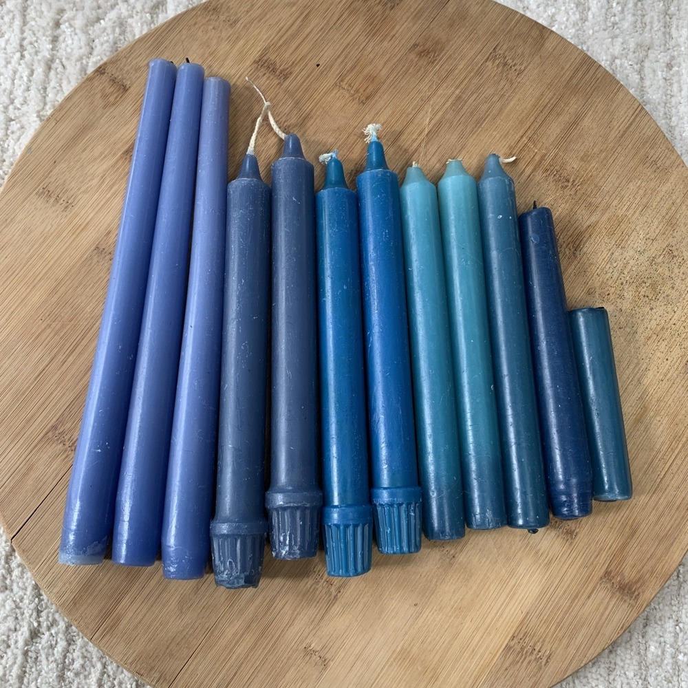 Vintage Lot Shades of Blue, 12 Taper Candles, New And Used Various Sizes